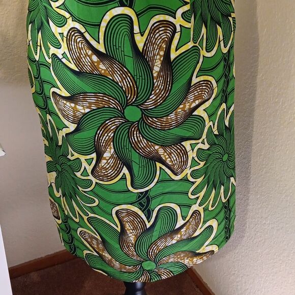 African Wax Print Green Floral Off-Shoulder Dress Handmade One of A Kind - Picture 8 of 11